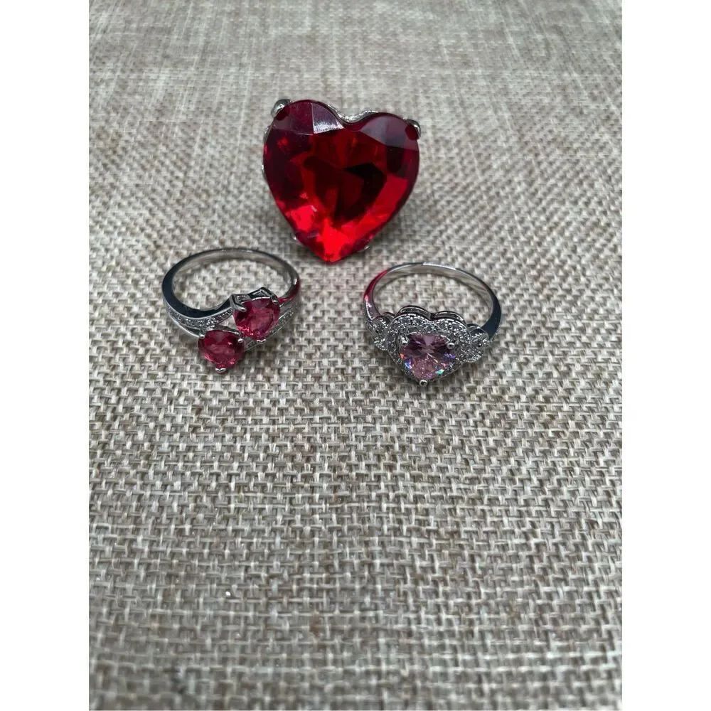Bundle of 3 Heart Stone Rings ValentinesโTheme Pink and Red with Rhinestone Cute